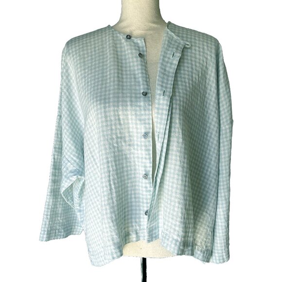 ESKANDER Gingham Oversized Lagenlook 100% Linen Top Seafoam White Check Size 0 - Picture 1 of 12